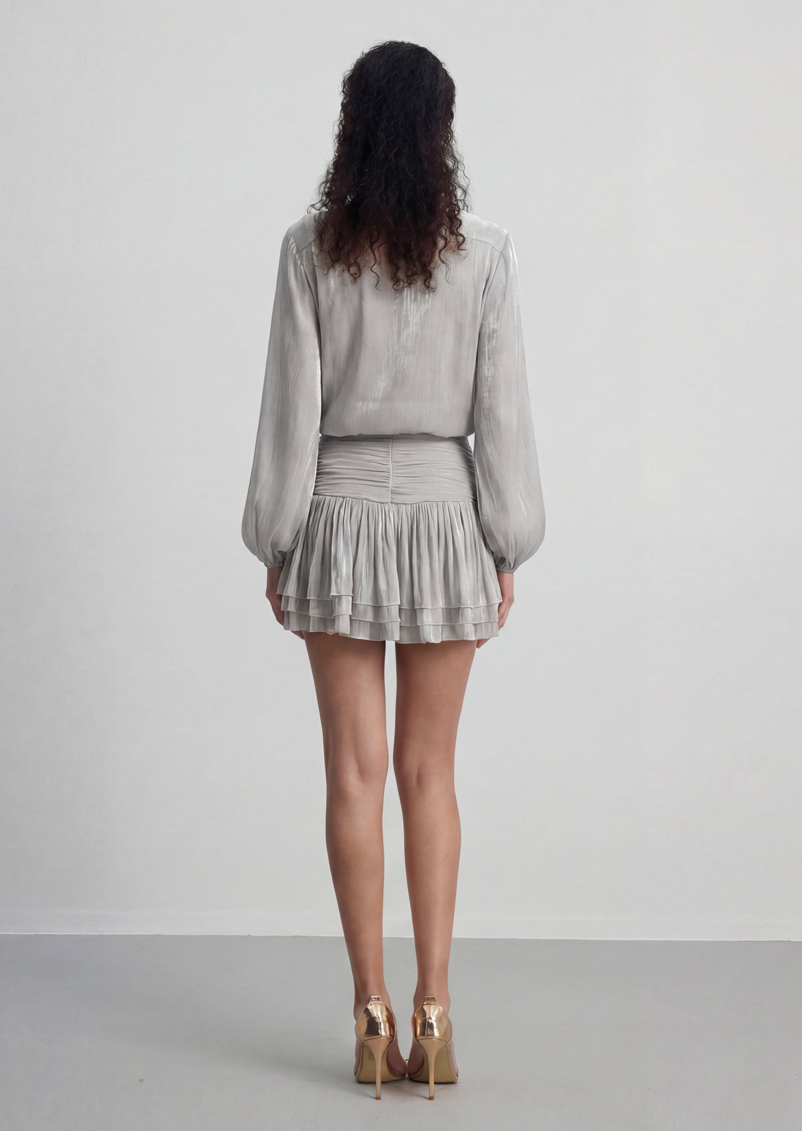 Bow Blouse & Shirred Skirt Set In Silver
