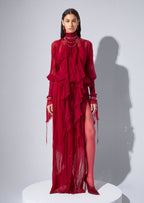Pleated Silk-Chiffon Slit Maxi Dress In Red