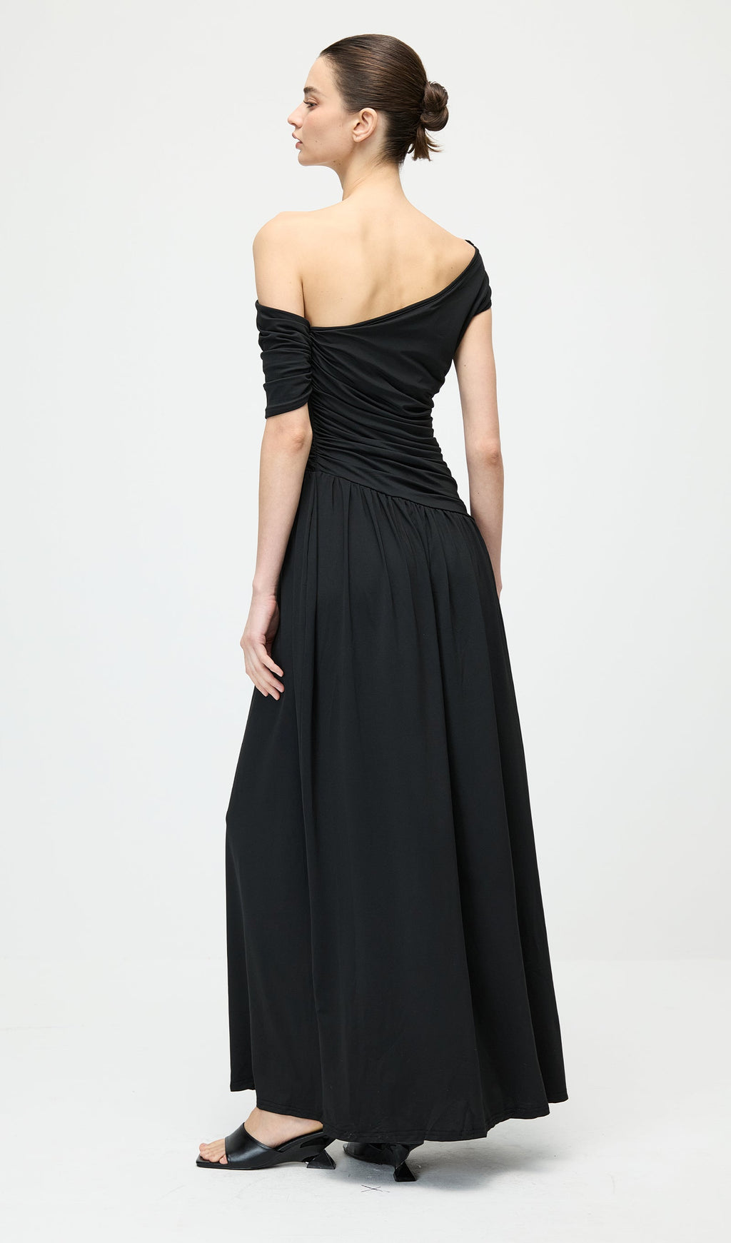 Black Off Shoulder Pleated Maxi Dress