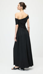Black Off Shoulder Pleated Maxi Dress
