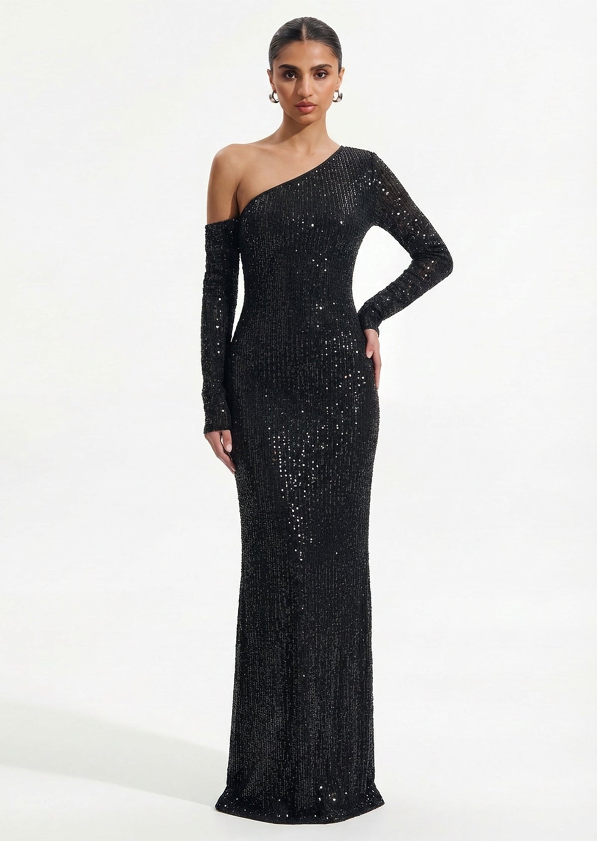 Diamante Long Sleeve Maxi Dress In Black