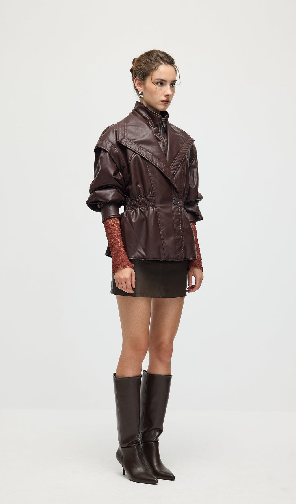Waisted Lapel Leather Jacket In Brown