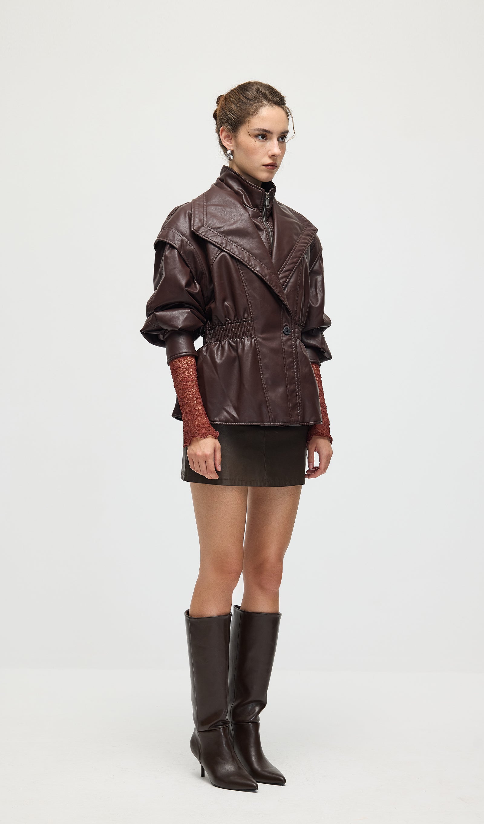 Waisted Lapel Leather Jacket In Brown