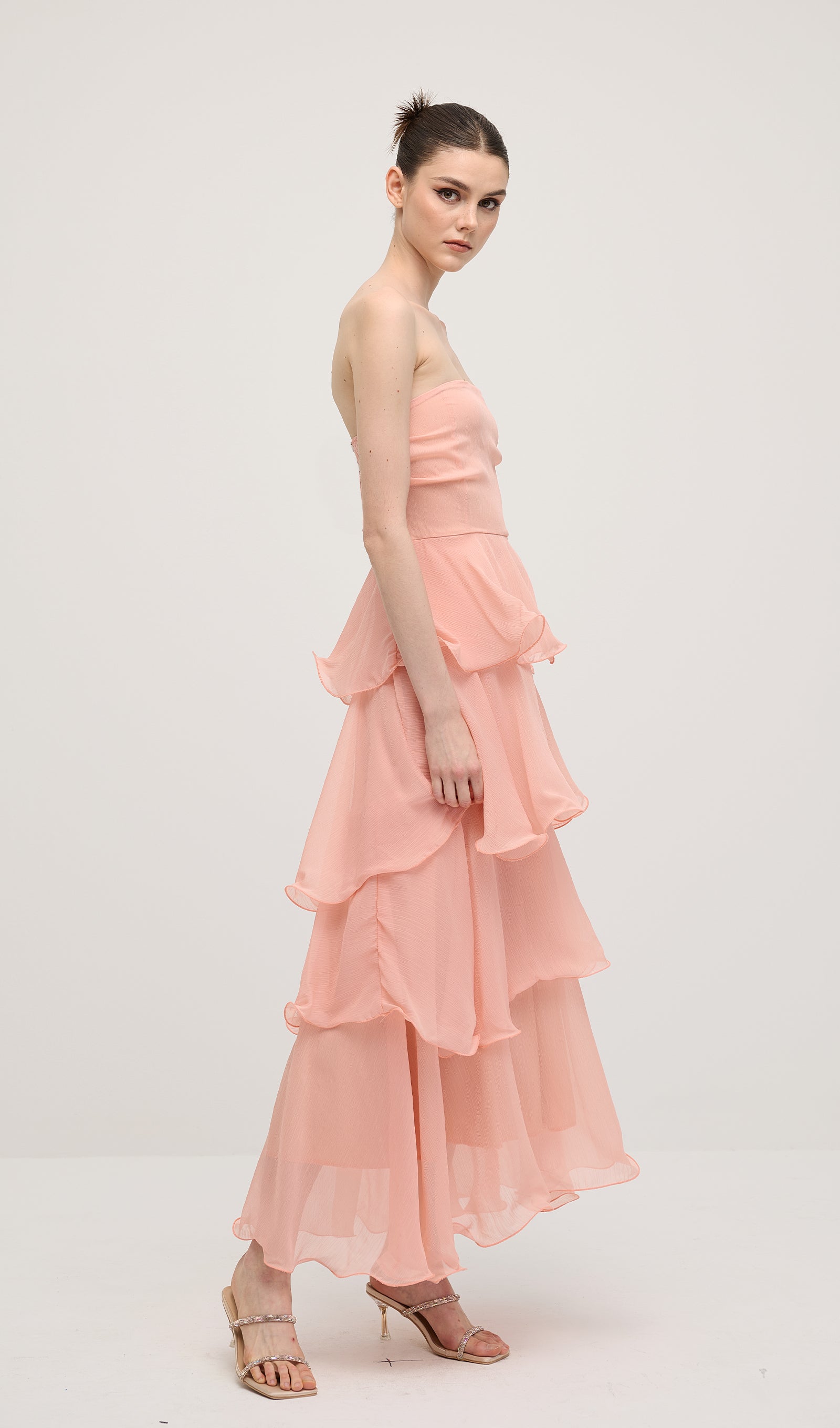 Strapless Layered Midi Dress In Pink