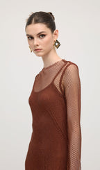 Mesh With Monochrome Lining  Maxi Dress In Coffee