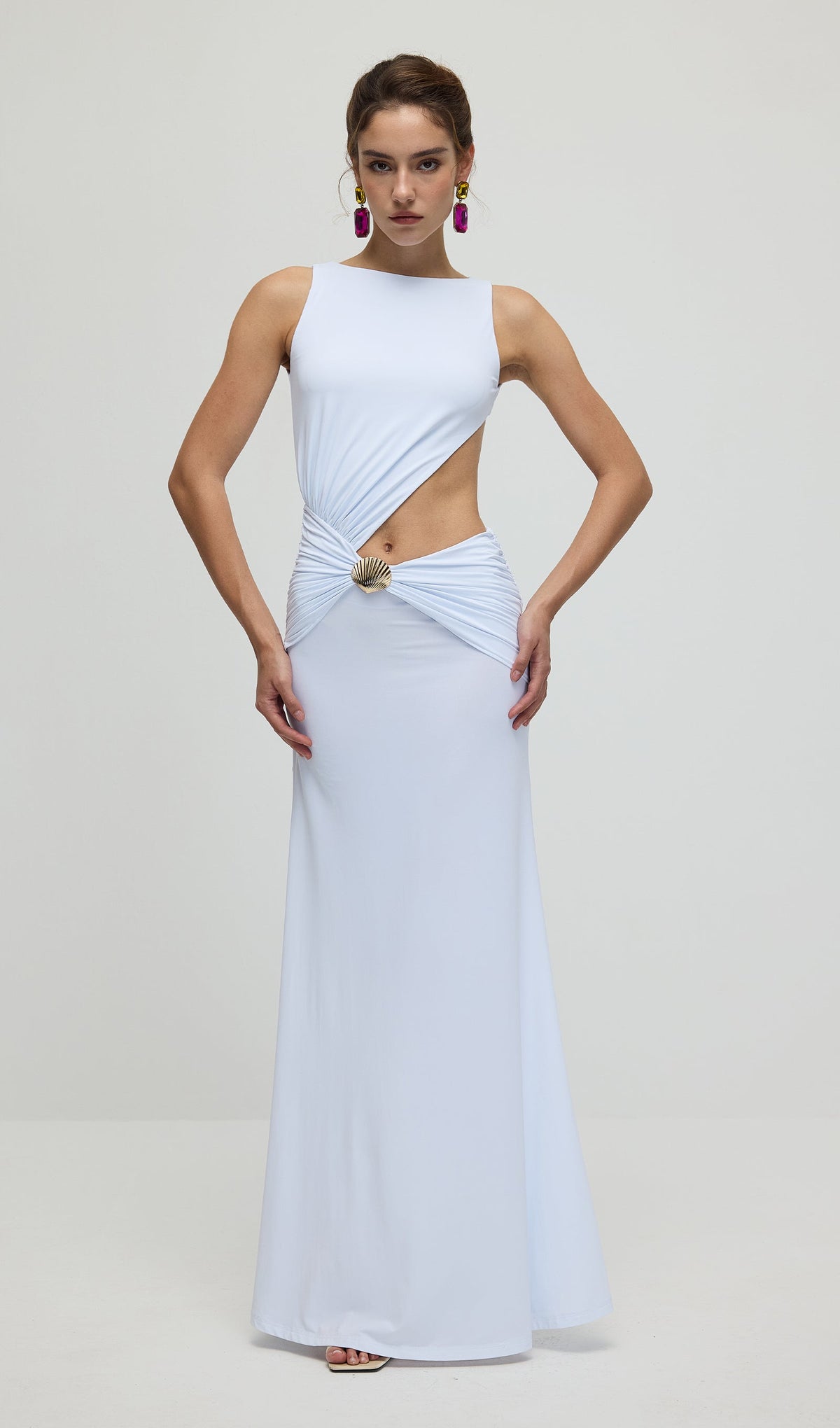 Draping And Shell Decorations Maxi Dress In White