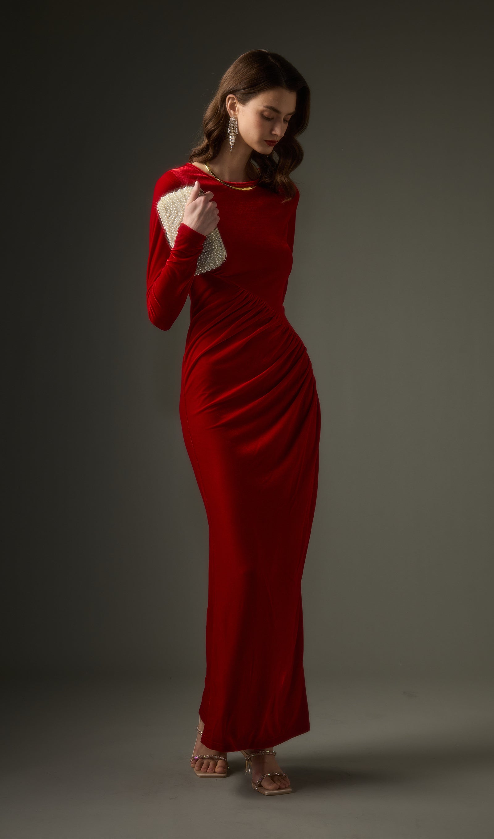 Long Sleeved Gathers  Maxi Dress In Red