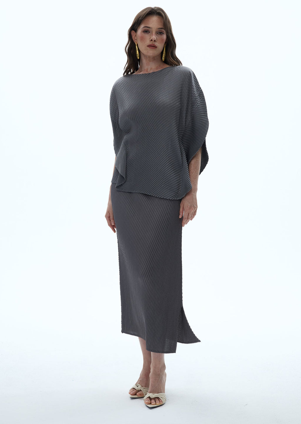 Macaria Knit Cape Top & Midi Skirt Set In Grey