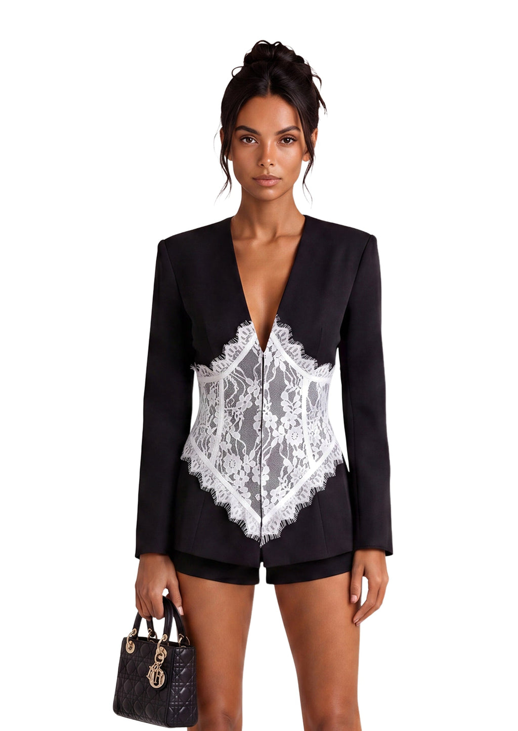 V Neck Lace-Trimmed Top In Black