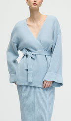 V Neck Waist Tie Knitted Top & Skirt Set