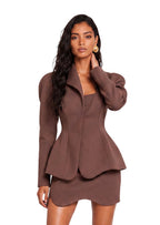Zamir Deep Neck Suit Jacket & Skirt Set In Brown