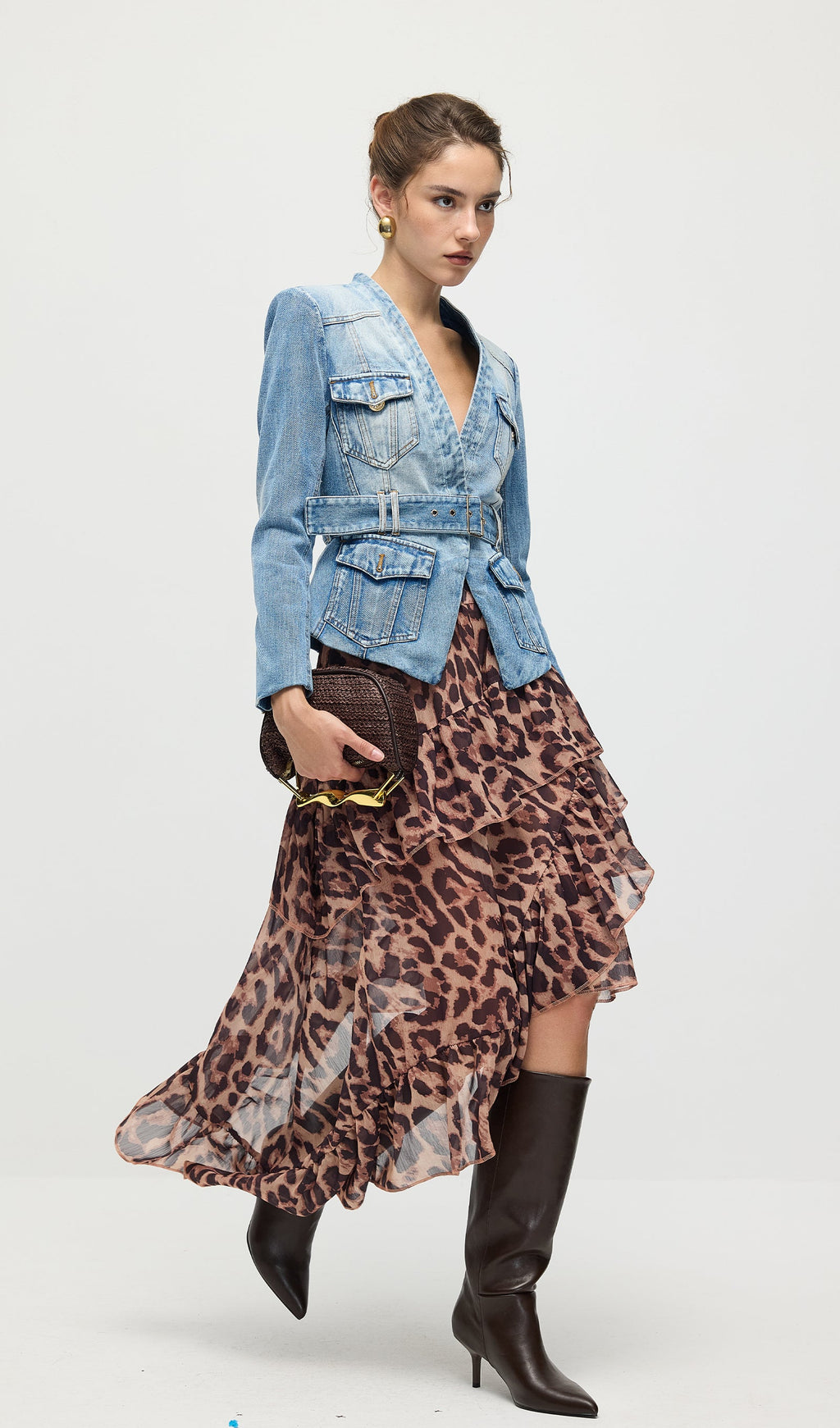 Solid V Neck Blue Denim Jacket With Belt