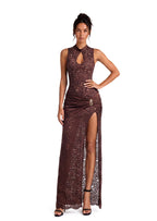 Loa Stand Up Collar Slit Maxi Dress In Dight Brown