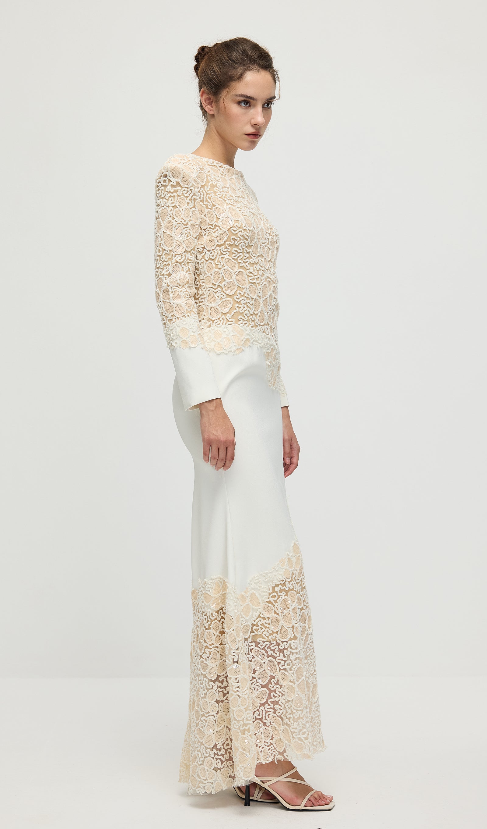 Textured Floral Embroidered Sequined Maxi Dress In Ivory