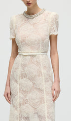 Cream Tulle Lace Midi Dress