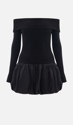 Open Shoulders Balloon Mini Dress-Black
