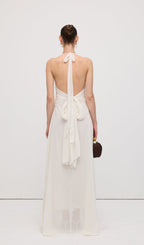 Halter Ruffles Rose Decoration Maxi Dress White
