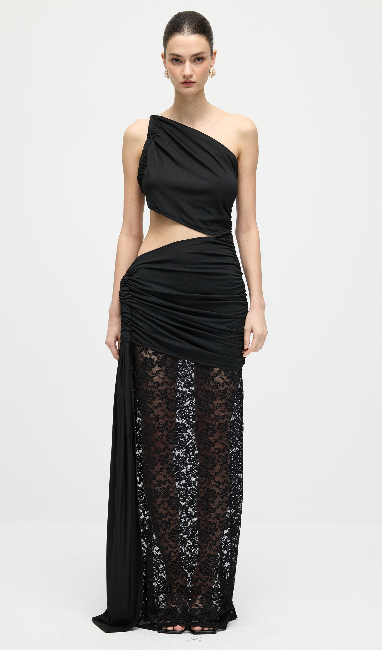 Asymmetric Lace Cut Out Draped Maxi Dress