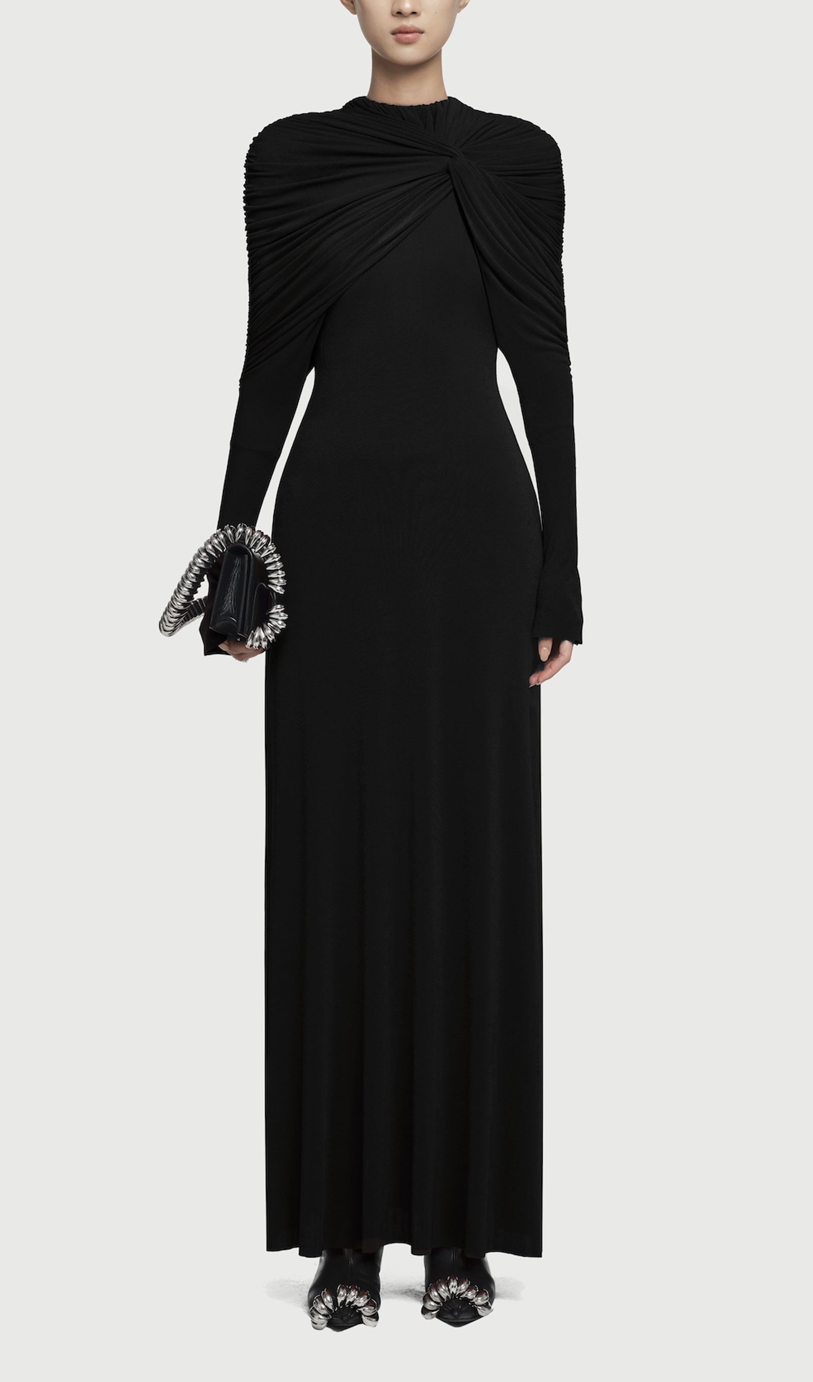 Asymmetrical Form Fitting Maxi Dress In Black