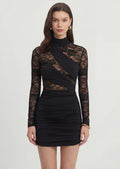 Asymmetrical Long Sleeve Lace Mini Dress In Black