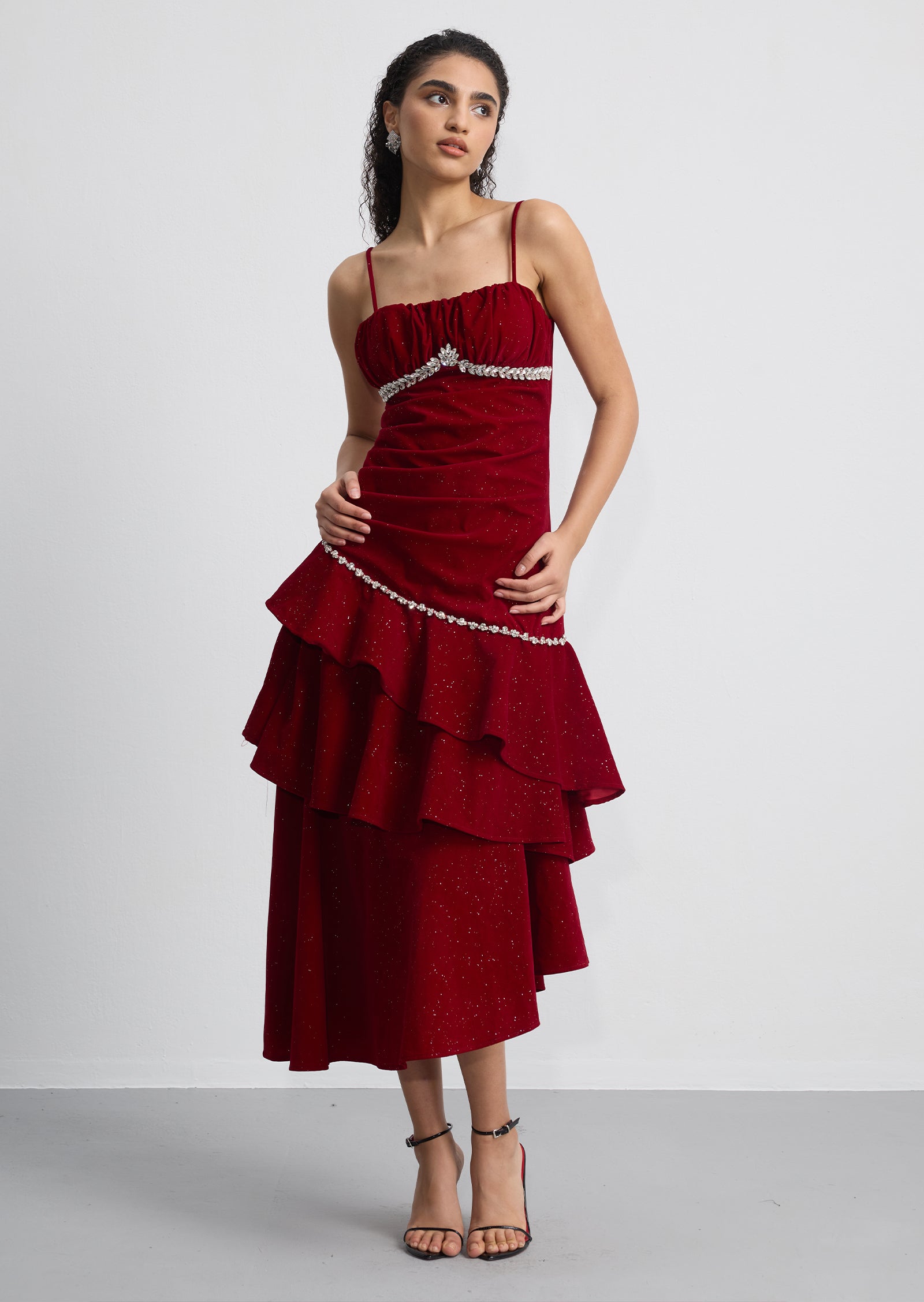 Asymmetrical Ruffled Crystal-Embellished Midi Dress