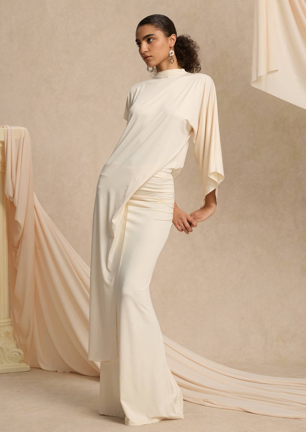 Hiba Asymmetrical Blouse & Maxi Skirt With Draped Set