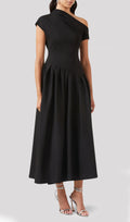 Asymmetry One Shoulder Jersey Midi Dress In Black