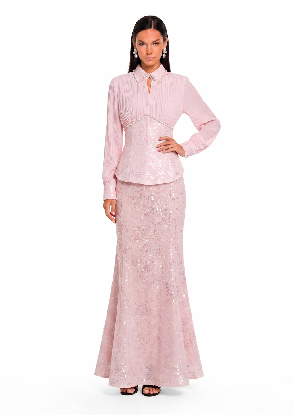 Nagisa Beaded Sequin Mermaid Maxi Dress Set In Pink
