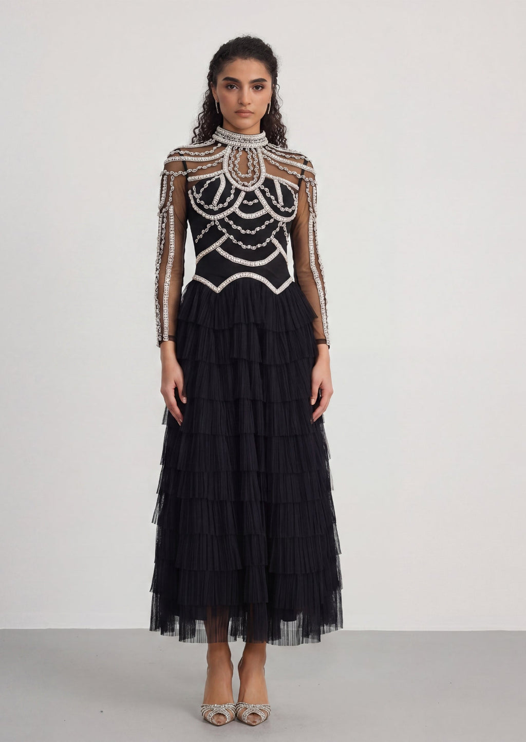 Long Sleeve Beads Pearls Mesh Maxi Layered Dress