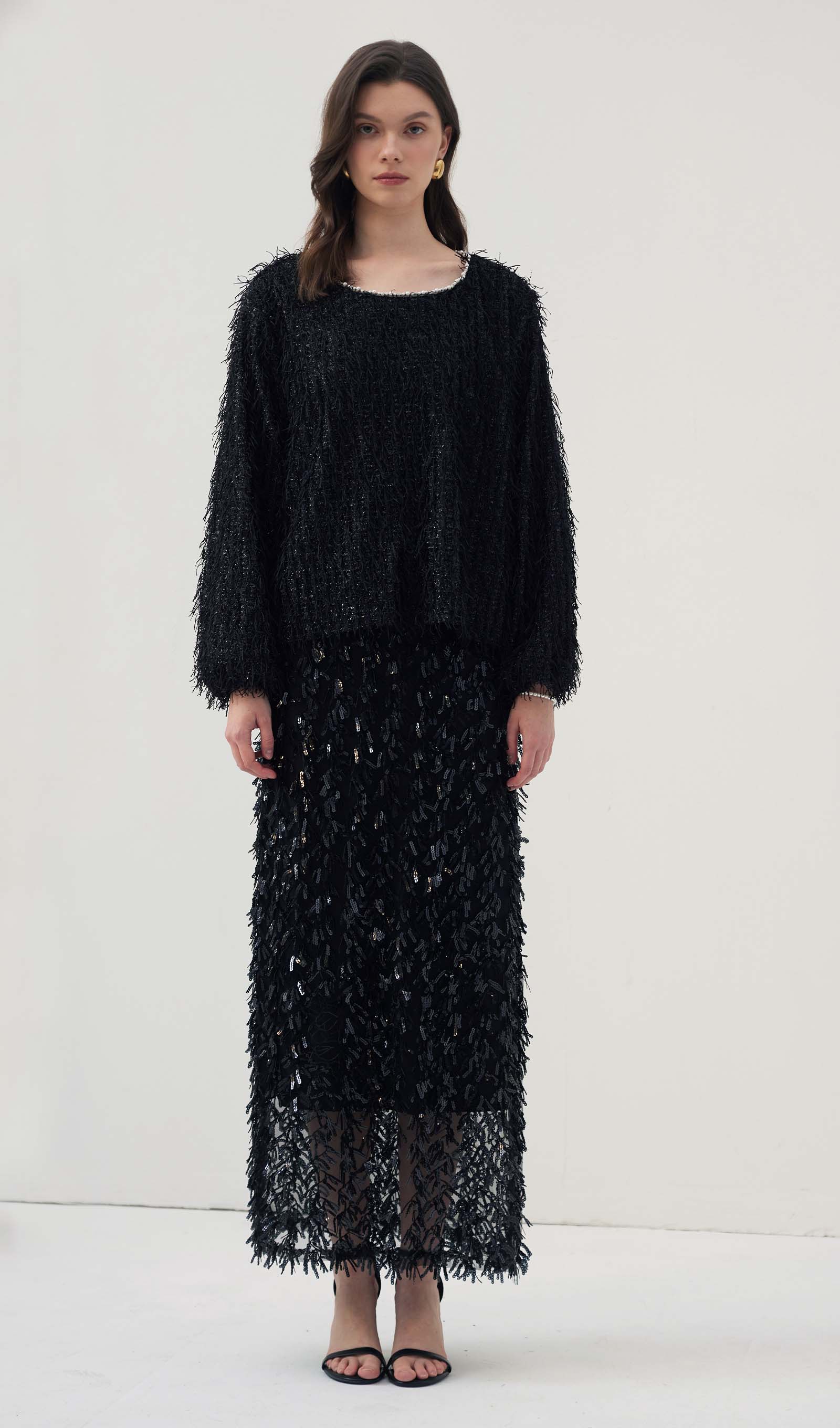 Black Feather Midi Skirt