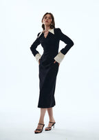 Vina Lapel Crepe Midi Dress In Black