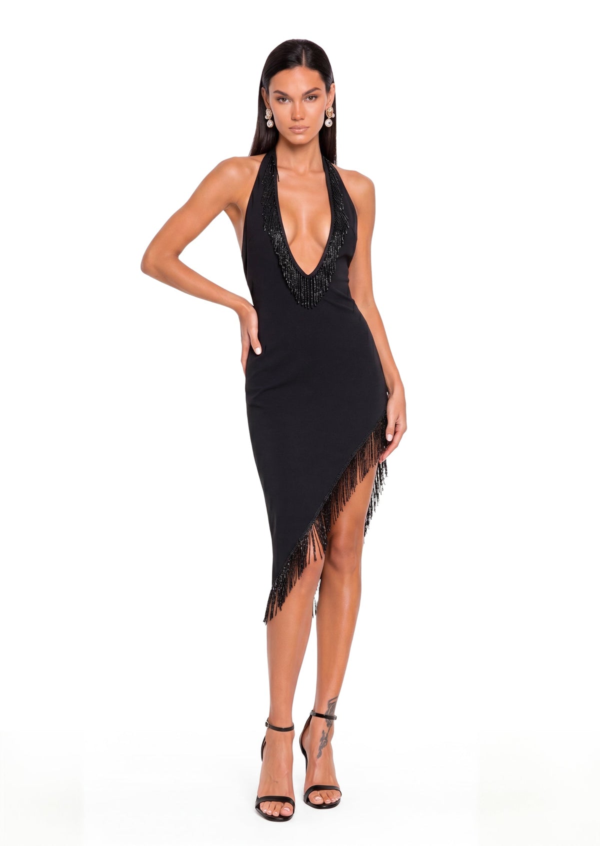 Ullr Beaded Deep Plunge Midi Dress In Black