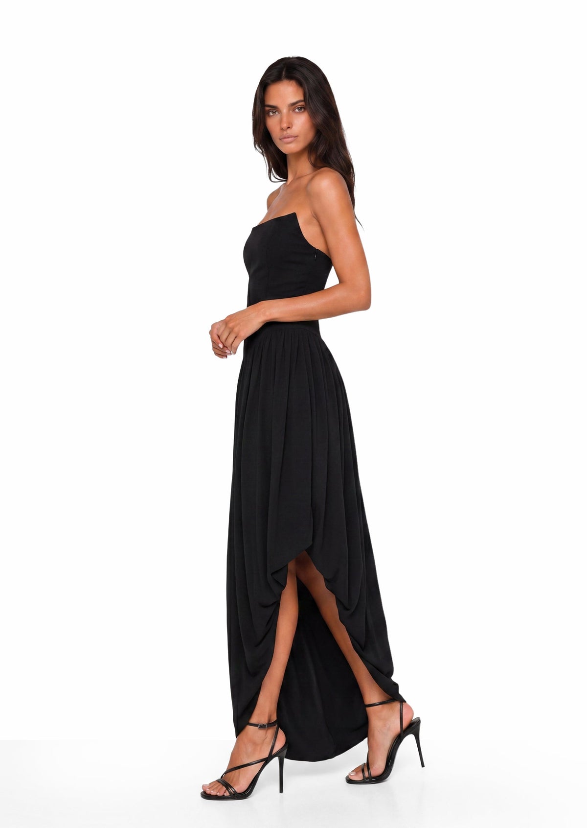 Caelan Strapless Asymmetrical Maxi Dress In Black