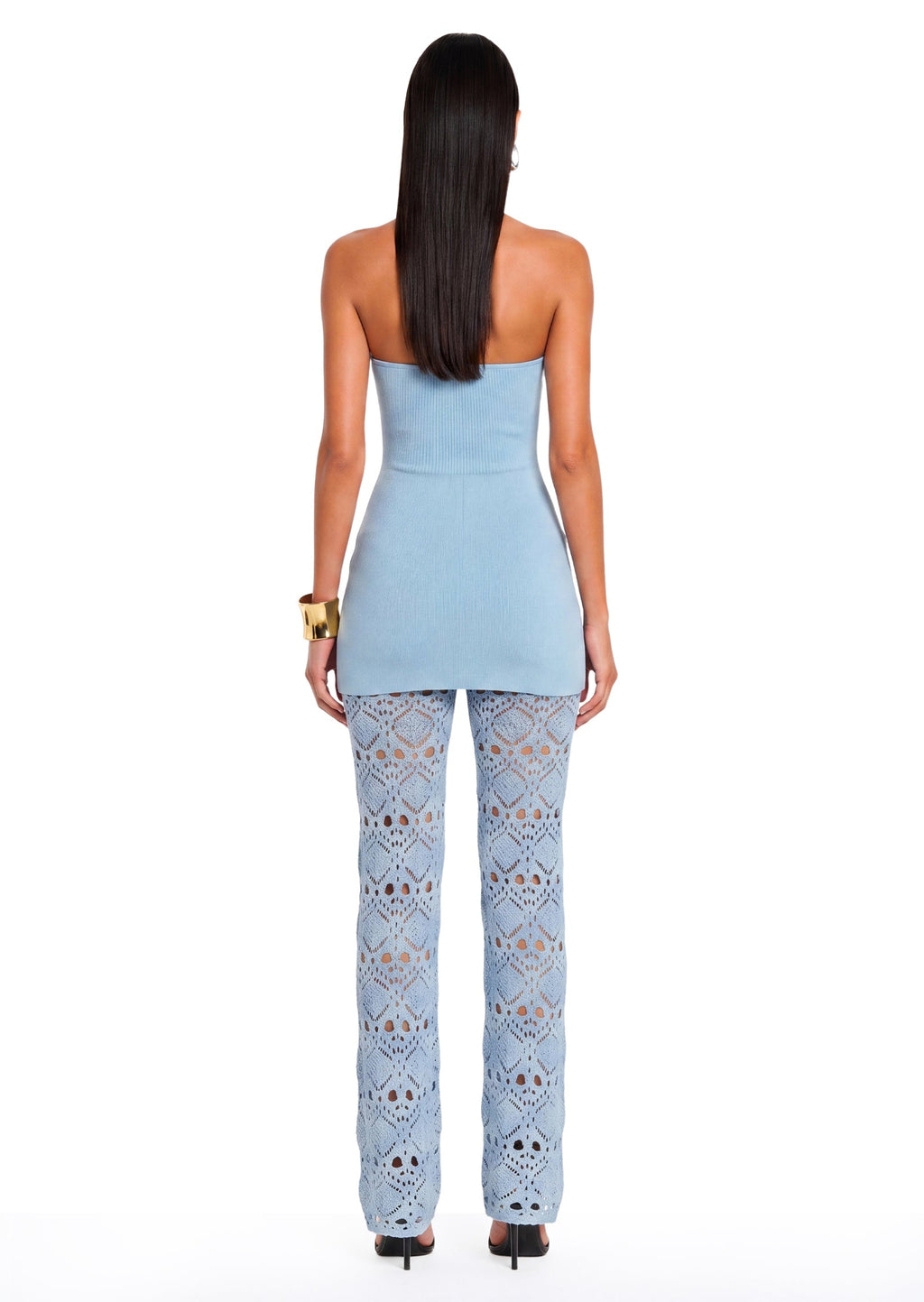 Bandage Knit Top & Crochet Knit Pants In Blue