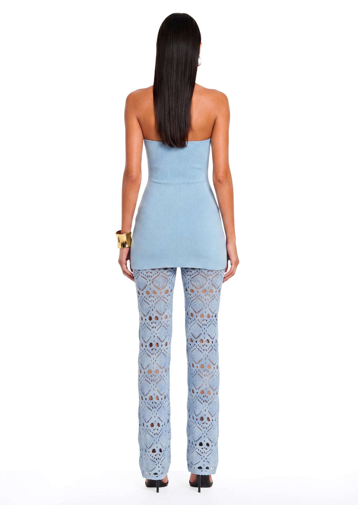 Bandage Knit Top & Crochet Knit Pants In Blue