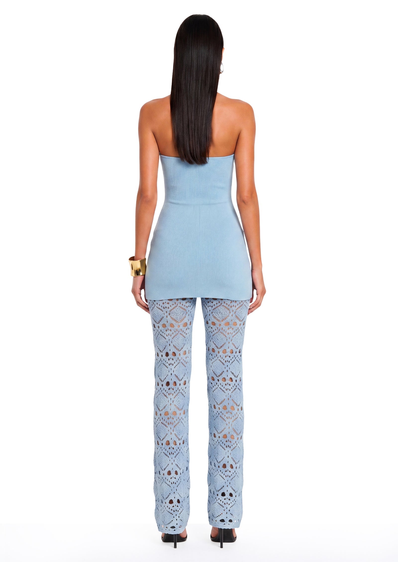 Bandage Knit Top & Crochet Knit Pants In Blue