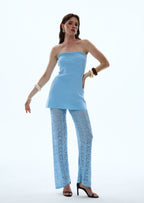 Bandage Knit Top & Crochet Knit Pants In Blue