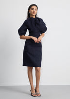Bow Neck Puff Sleeve Tweed Mini Dress