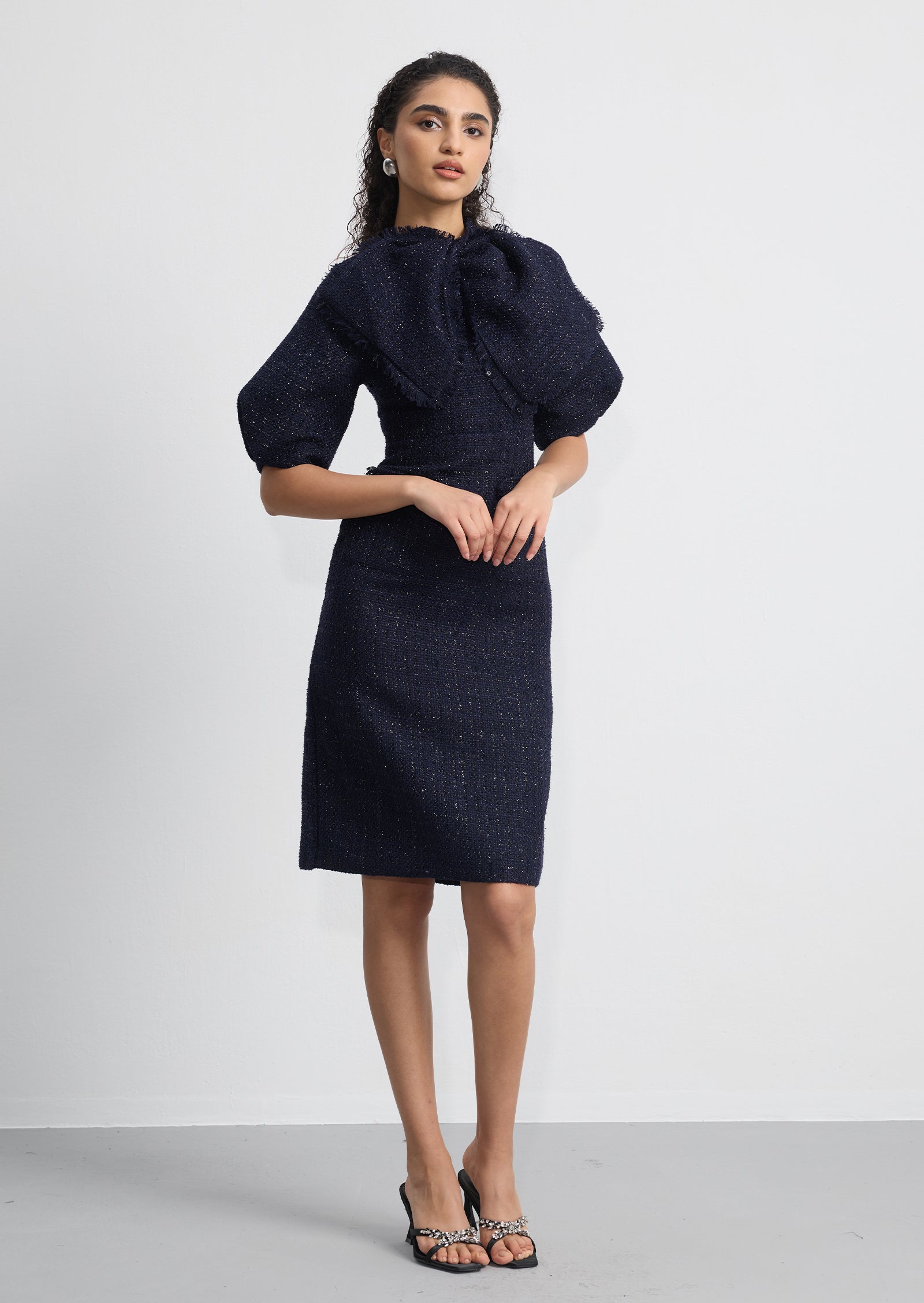 Bow Neck Puff Sleeve Tweed Mini Dress