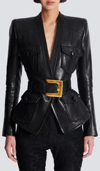 Button Belted Leather Jacket