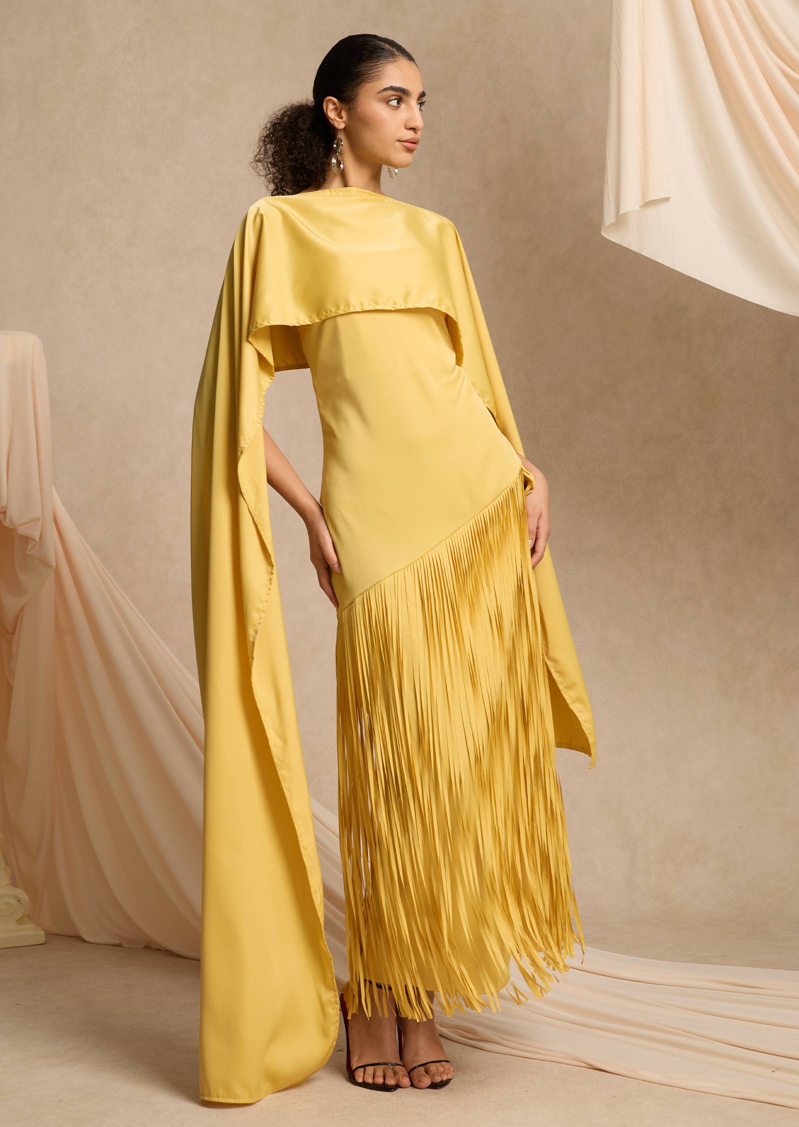 Cape Detailed Fringed Gown