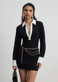 Contrast Collar Button Long Sleeve Mini Dress