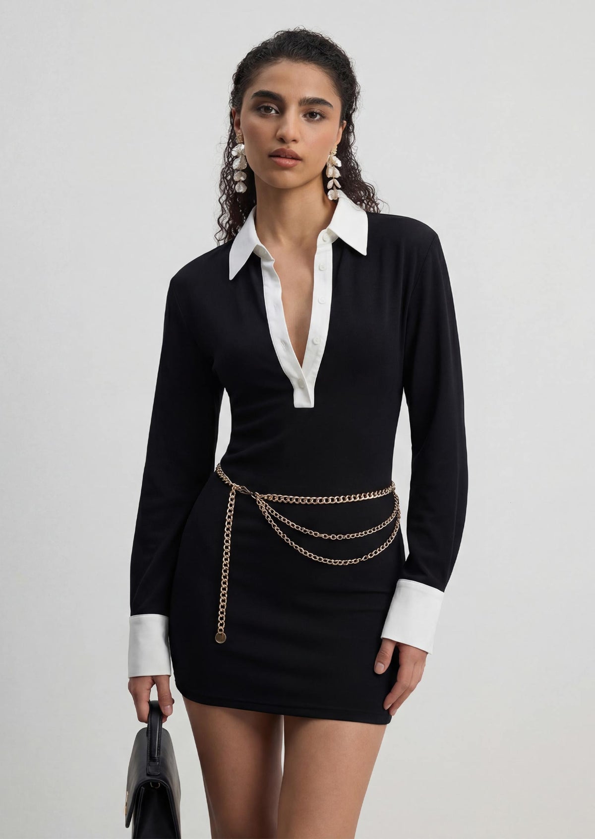Contrast Collar Button Long Sleeve Mini Dress