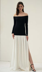 Contrast Knit Off Shoulder Maxi Dress
