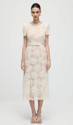 Cream Tulle Lace Midi Dress