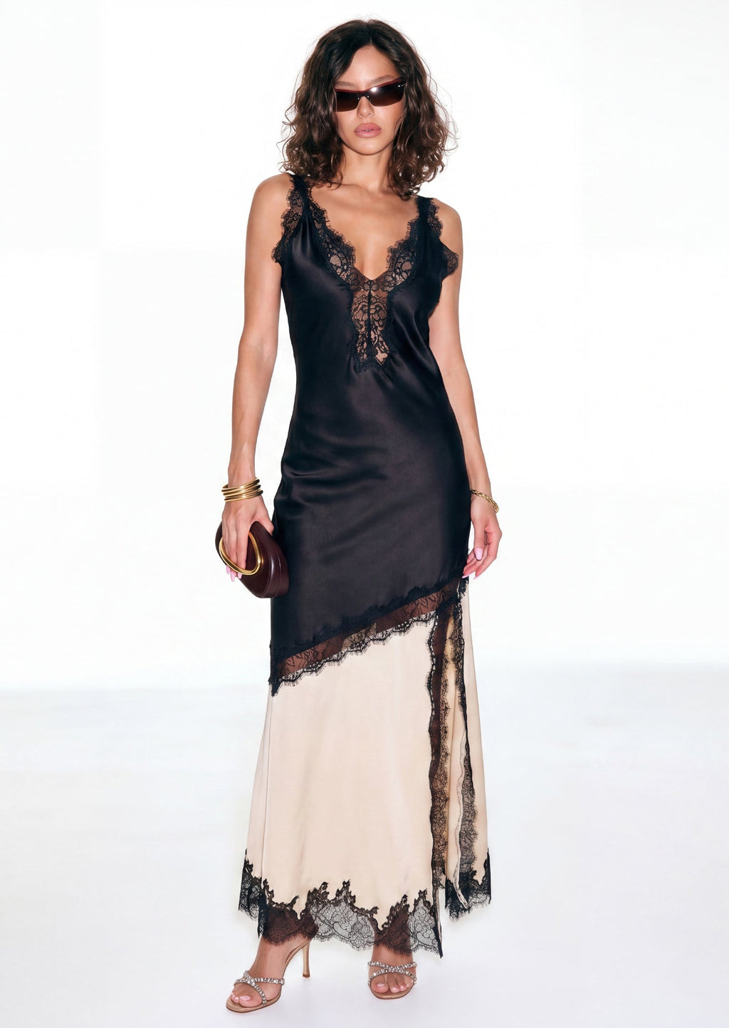 Diagonal Lace Slit Maxi Dress