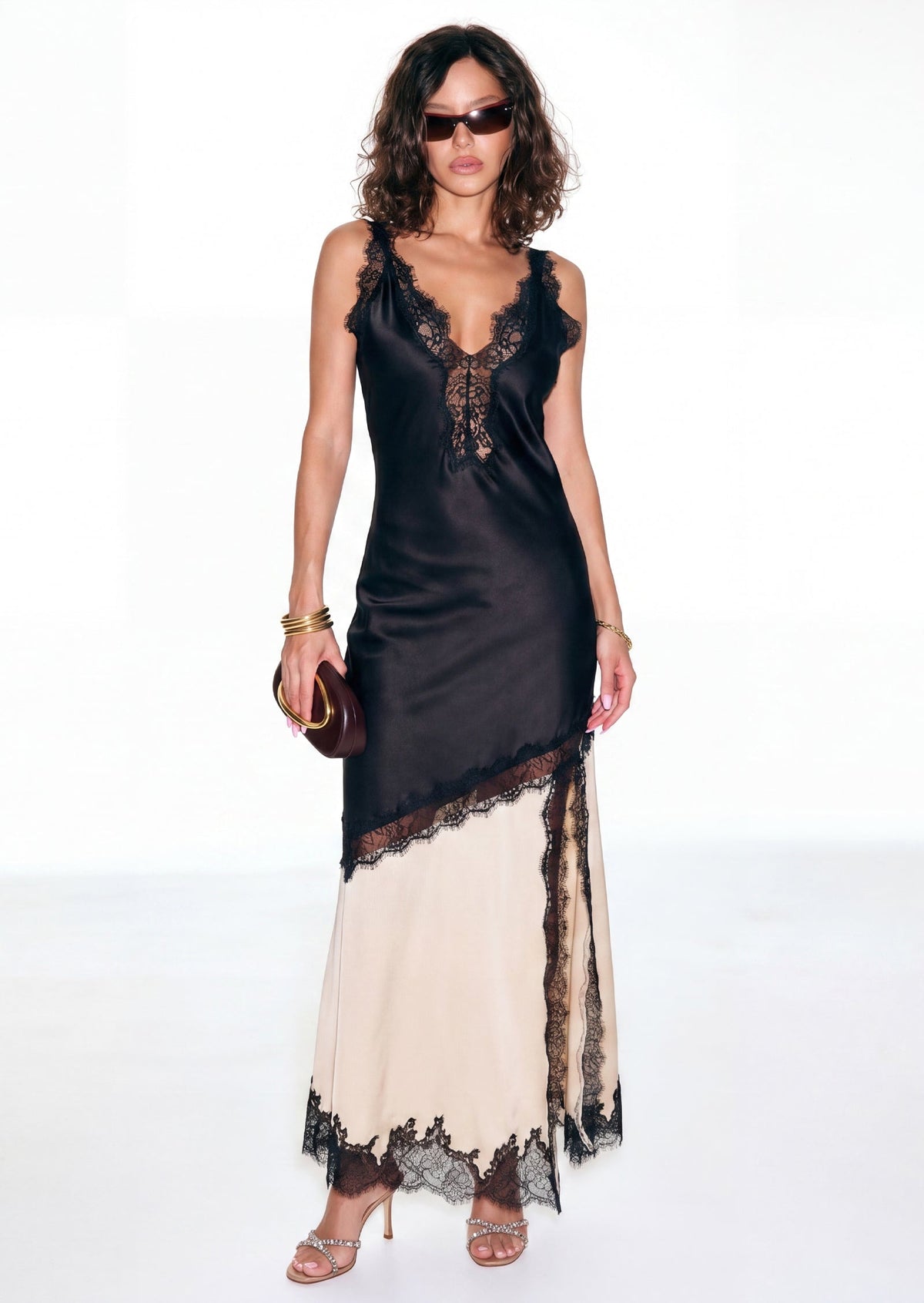 Diagonal Lace Slit Maxi Dress