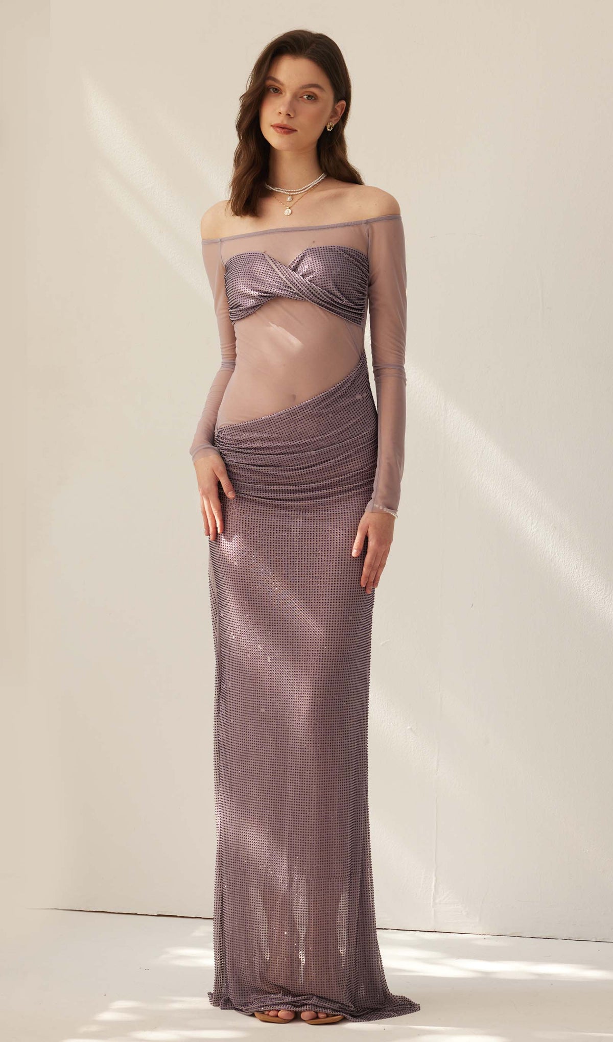 Diamante Off Shoulder Maxi Dress - Gray Purple