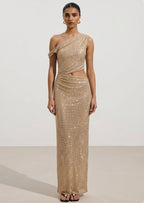 Diamante One Shoulder Maxi Dress In Gold