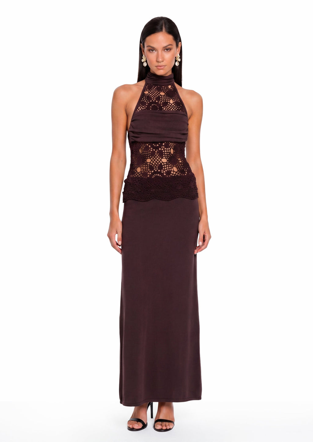 Zadok Knit & Crochet Maxi Dress In Dark Chocolate